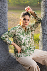 Green Leaf Printed Cotton Shirt for Women