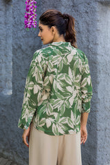 Green Leaf Printed Cotton Shirt for Women