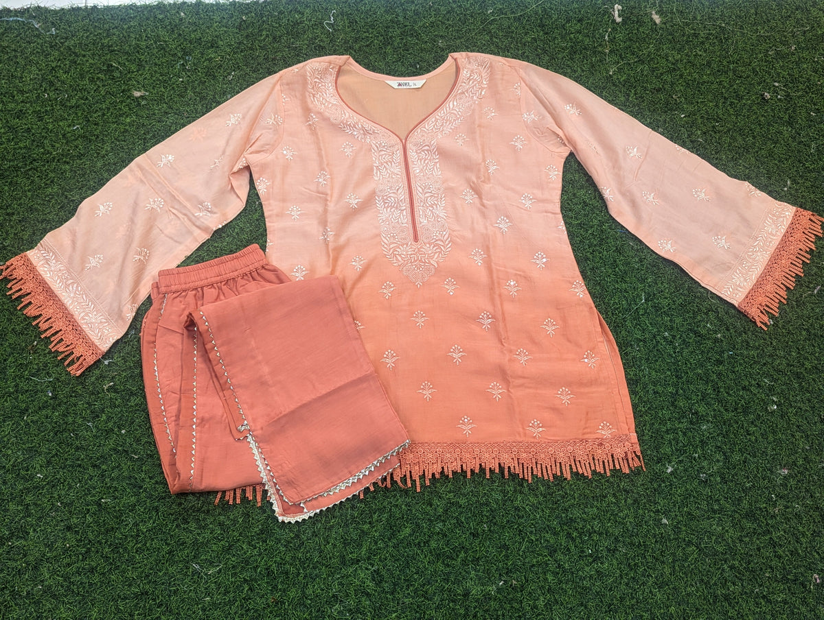 Peach Embroidered Kurti Set with Fringe Sleeves
