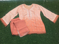 Peach Embroidered Kurti Set with Fringe Sleeves