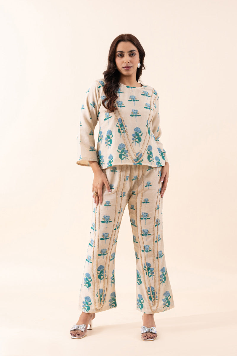 Beige and Blue Floral Print trendy cotton Co-ord set for women