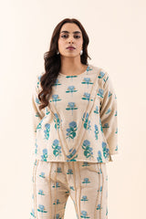 Beige and Blue Floral Print trendy cotton Co-ord set for women