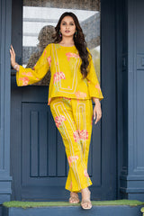 Yellow Bold Floral Print Co-ord set for women with Jute Lace