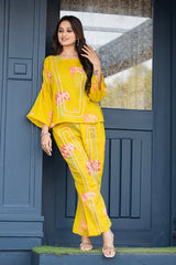 Yellow Bold Floral Print Co-ord set for women with Jute Lace