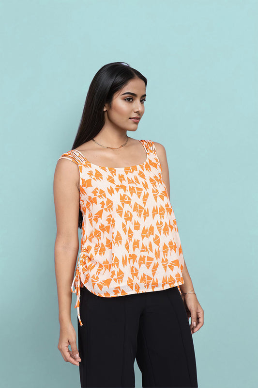Orange Geometric Print fancy tops for women?