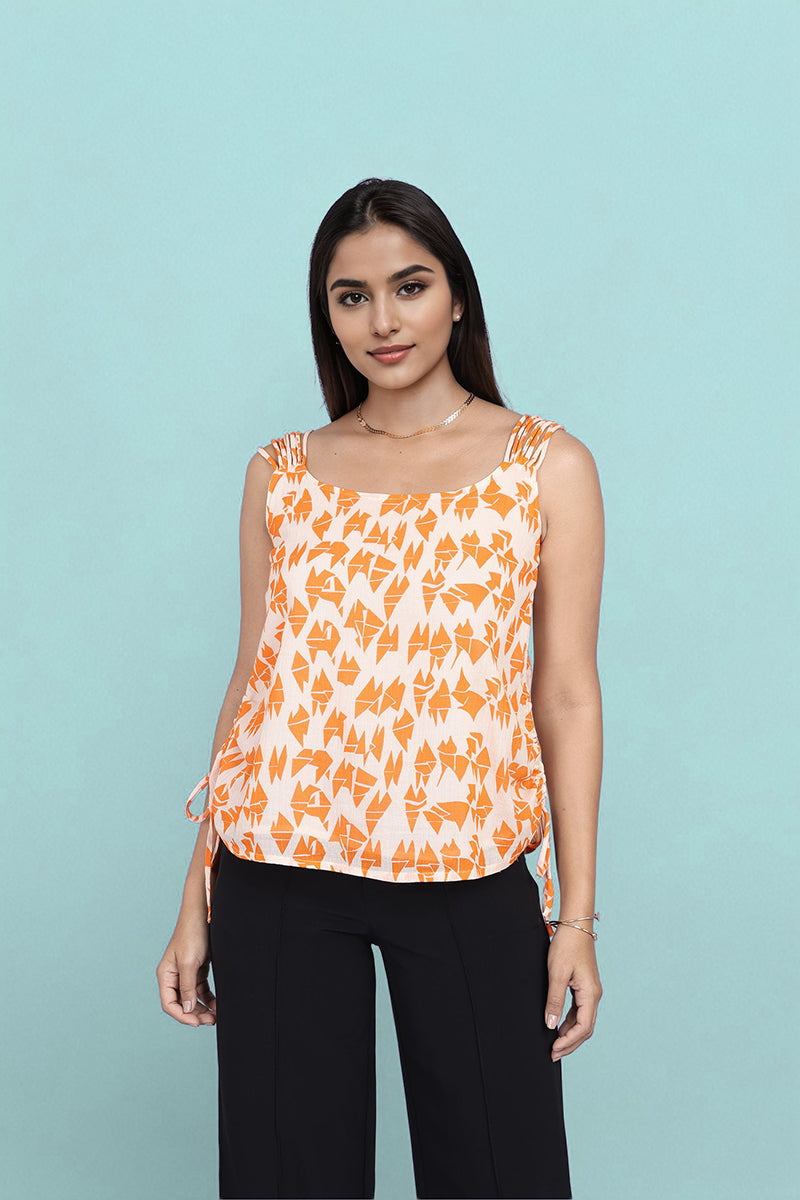 Orange Geometric Print fancy tops for women?
