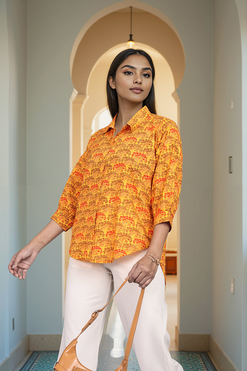 Mustard Floral flower print shirt womens