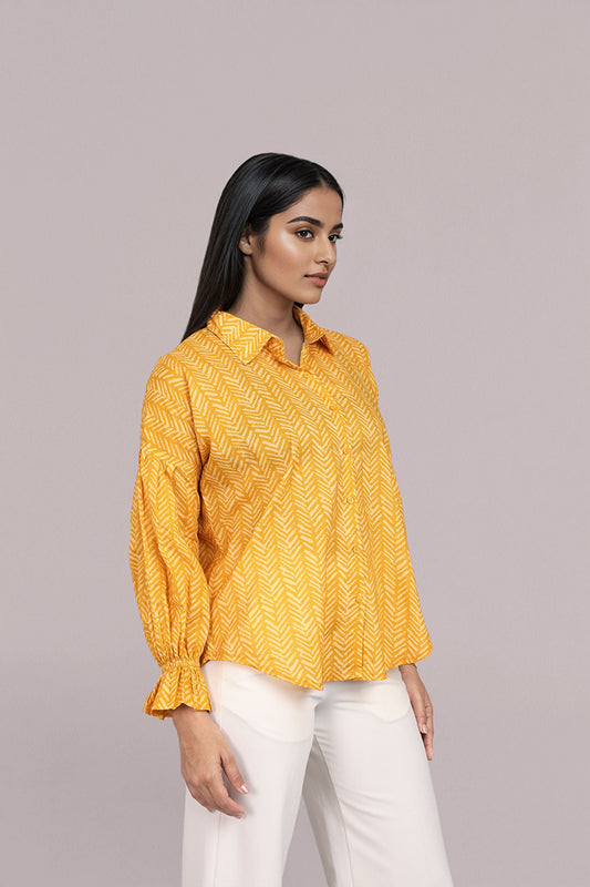 Oversized Yellow Chevron Print Long Sleeve Shirt for Women