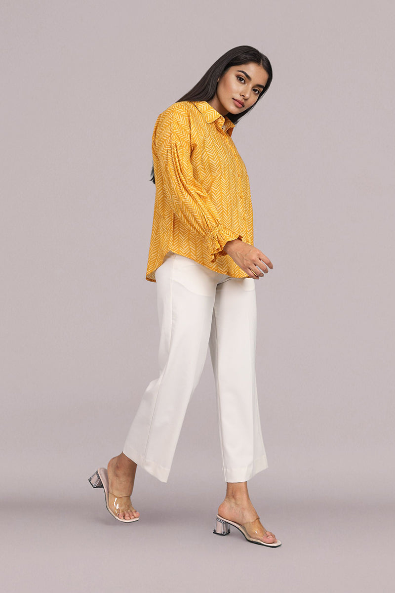 Oversized Yellow Chevron Print Long Sleeve Shirt for Women