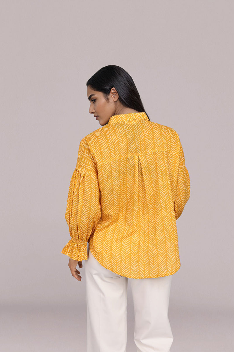 Oversized Yellow Chevron Print Long Sleeve Shirt for Women