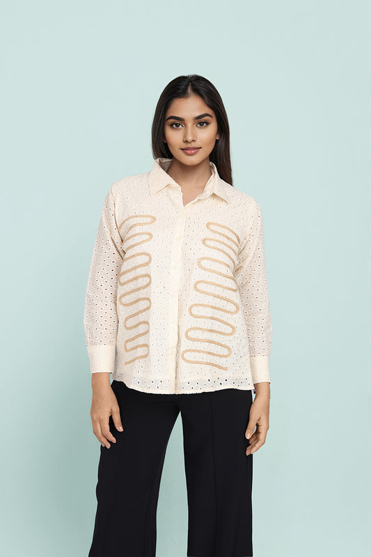 Oversized Texture Design Shirt With Lace Work