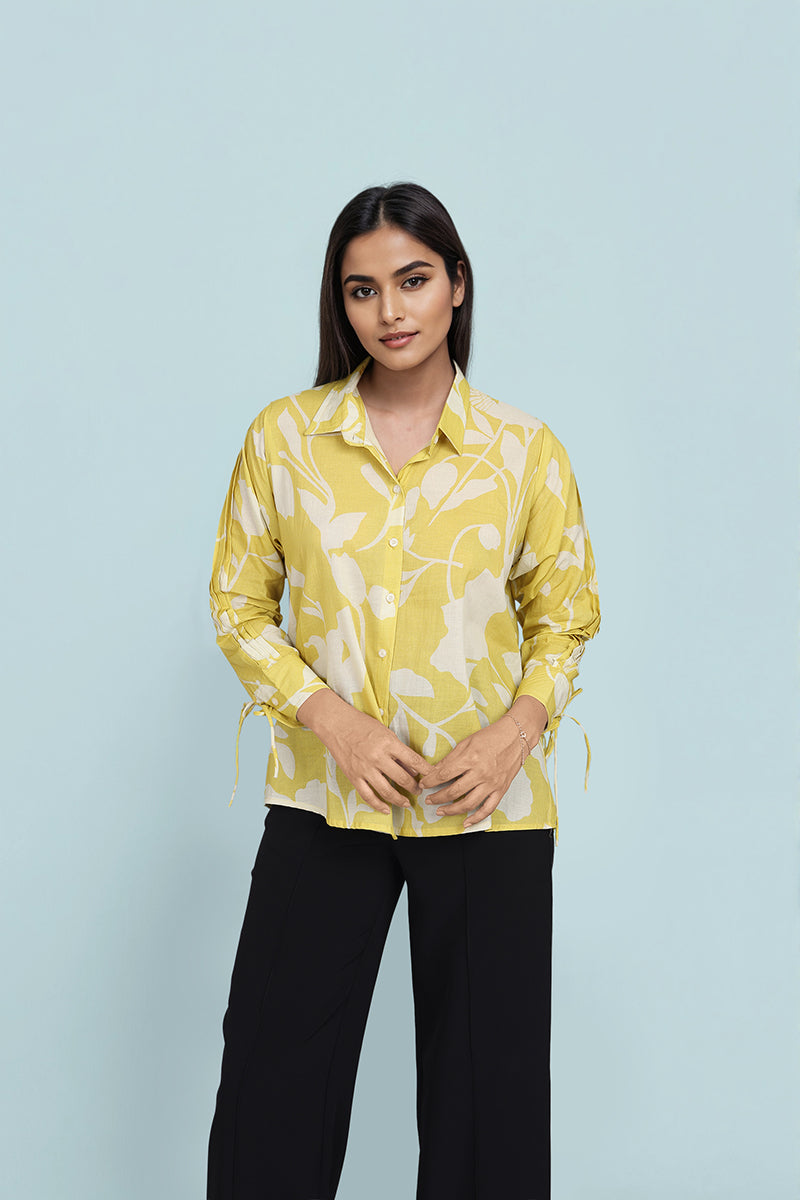 Yellow Floral Cotton Shirts For Women