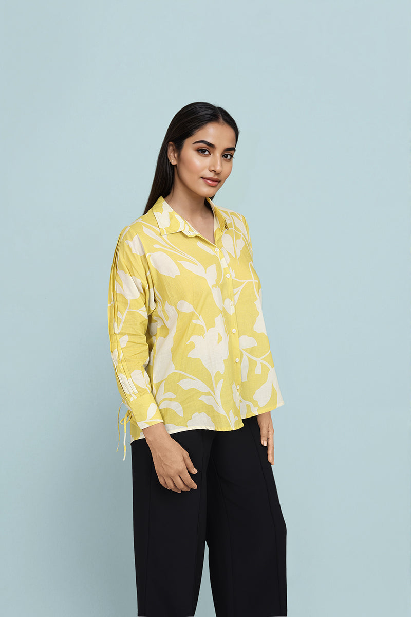 Yellow Floral Cotton Shirts For Women