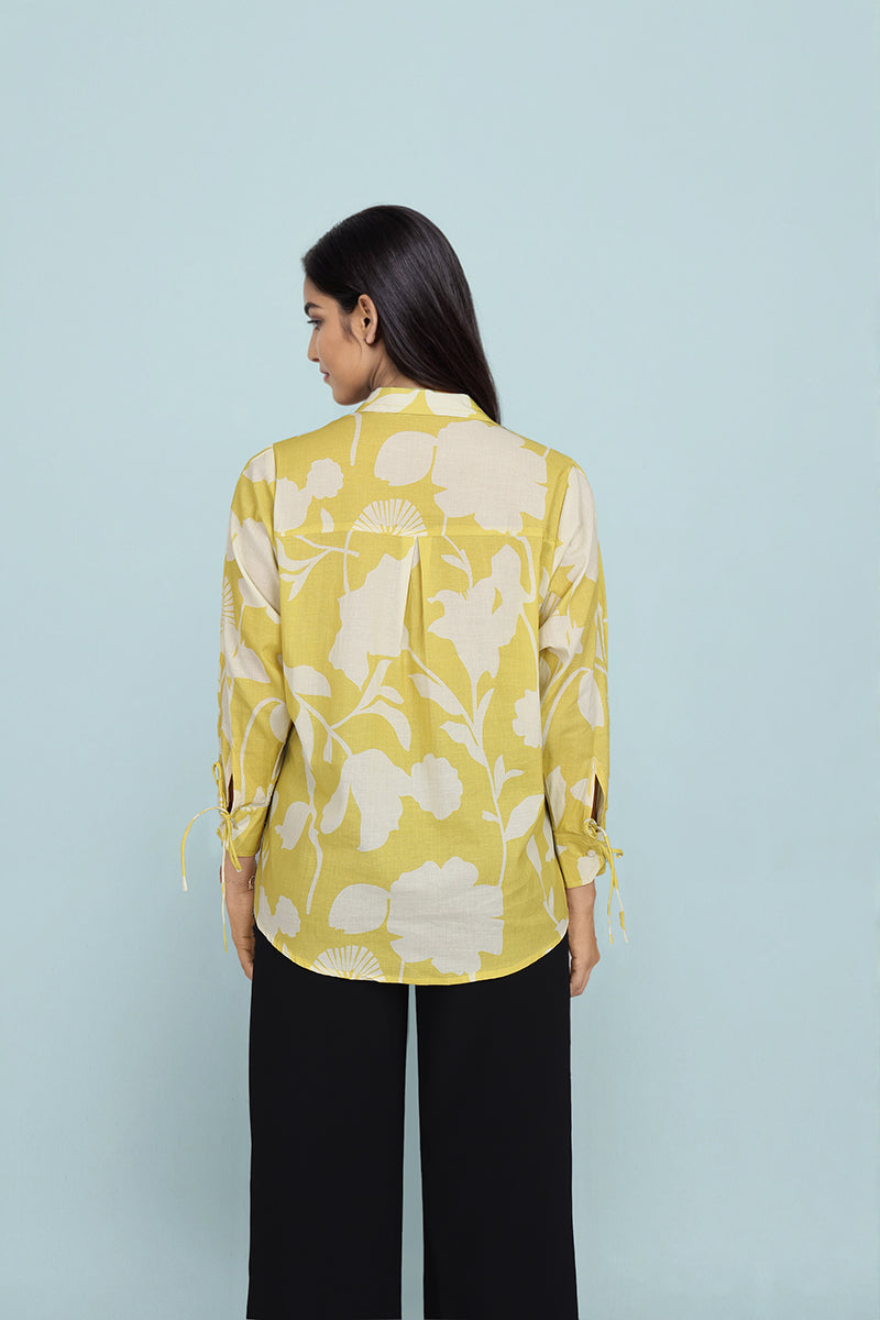 Yellow Floral Cotton Shirts For Women