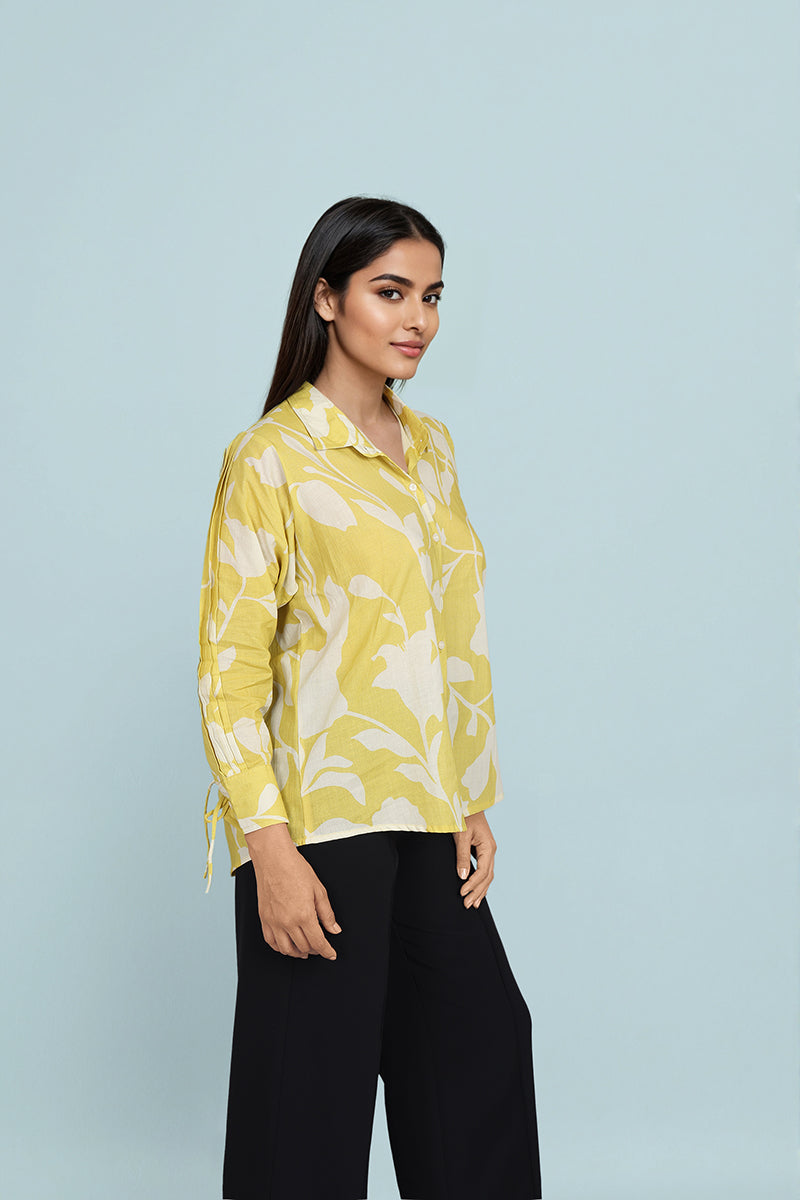 Yellow Floral Cotton Shirts For Women