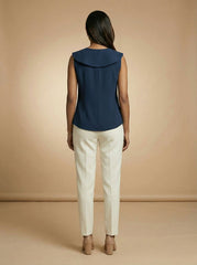 Navy Blue Sleeveless Wide Collar Shirt Top for Women | Formal Office Wear