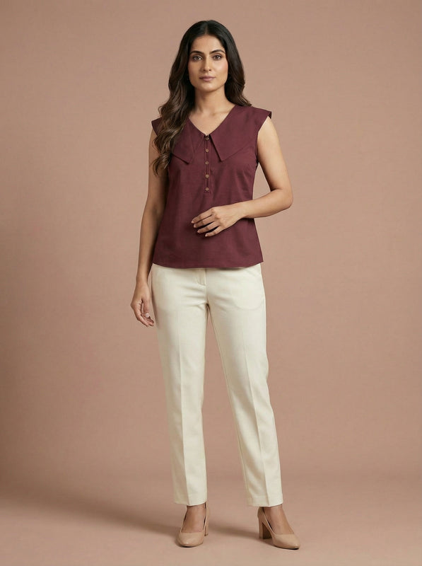 Maroon Sleeveless Wide Collar Shirt Top for Women | Formal Office Wear