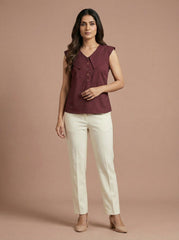 Maroon Sleeveless Wide Collar Shirt Top for Women | Formal Office Wear