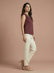 Maroon Sleeveless Wide Collar Shirt Top for Women | Formal Office Wear