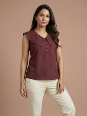 Maroon Sleeveless Wide Collar Shirt Top for Women | Formal Office Wear
