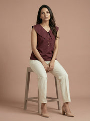Maroon Sleeveless Wide Collar Shirt Top for Women | Formal Office Wear
