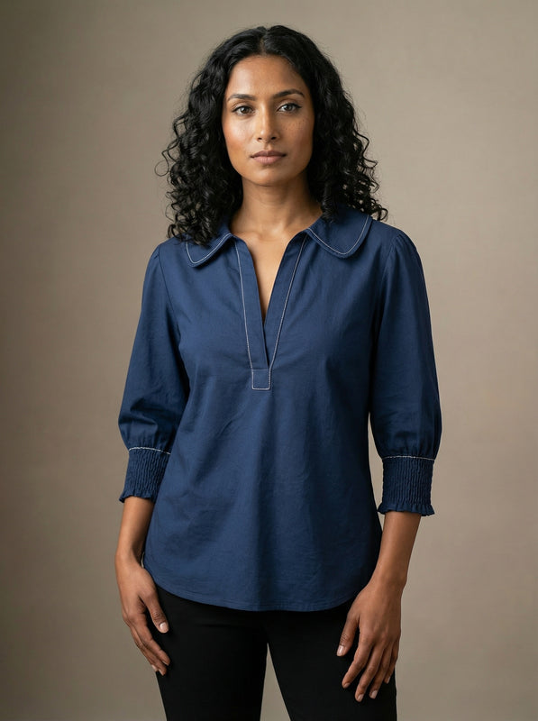 Navy Blue Contrast Stitch Long Sleeve Shirt Collar Top for Women | Formal Workwear