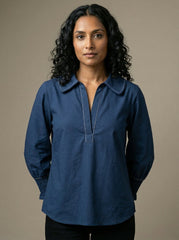 Navy Blue Contrast Stitch Long Sleeve Shirt Collar Top for Women | Formal Workwear