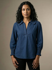 Navy Blue Contrast Stitch Long Sleeve Shirt Collar Top for Women | Formal Workwear