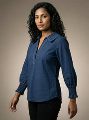 Navy Blue Contrast Stitch Long Sleeve Shirt Collar Top for Women | Formal Workwear