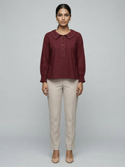 Maroon Contrast Stitch Long Sleeve Shirt Collar Top for Women | Formal Office Wear