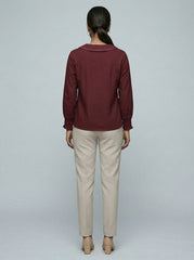 Maroon Contrast Stitch Long Sleeve Shirt Collar Top for Women | Formal Office Wear