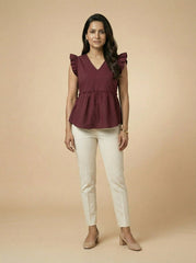 Maroon V-Neck Ruffled Sleeves Peplum Top for Women | Formal Office Wear