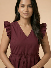 Maroon V-Neck Ruffled Sleeves Peplum Top for Women | Formal Office Wear