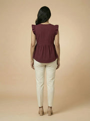 Maroon V-Neck Ruffled Sleeves Peplum Top for Women | Formal Office Wear