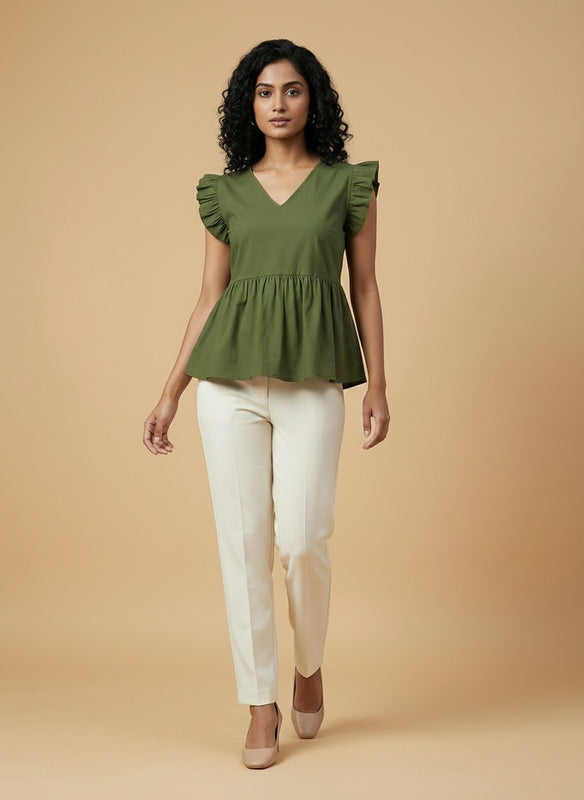 Green V-Neck Ruffled Sleeves Peplum Top for Women | Formal Workwear