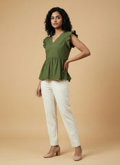 Green V-Neck Ruffled Sleeves Peplum Top for Women | Formal Workwear