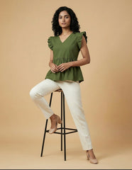 Green V-Neck Ruffled Sleeves Peplum Top for Women | Formal Workwear