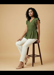 Green V-Neck Ruffled Sleeves Peplum Top for Women | Formal Workwear