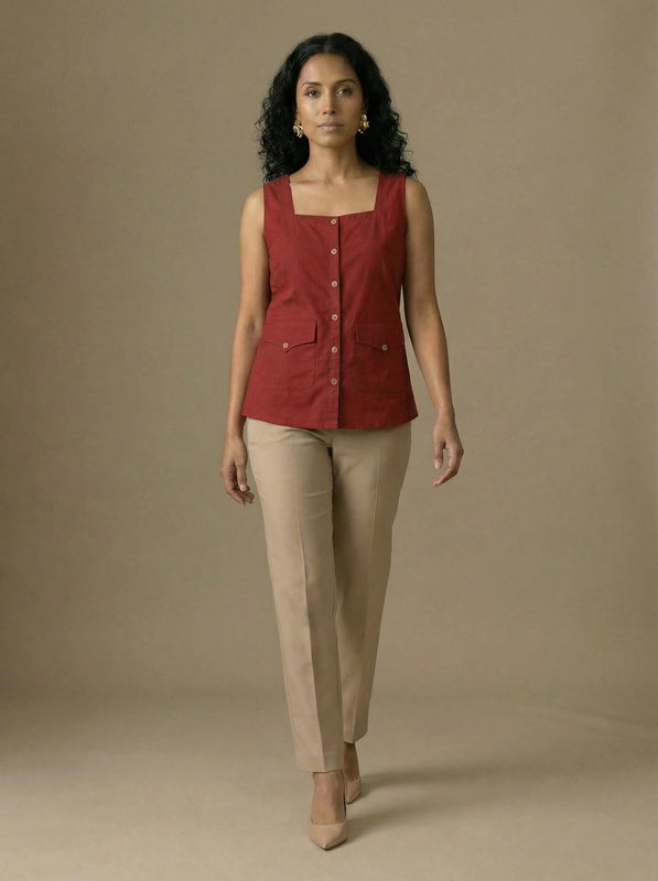 Earthy Red Square Neck Sleeveless Utility Pocket Top for Women | Formal Workwear