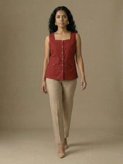 Earthy Red Square Neck Sleeveless Utility Pocket Top for Women | Formal Workwear