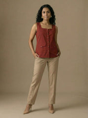 Earthy Red Square Neck Sleeveless Utility Pocket Top for Women | Formal Workwear
