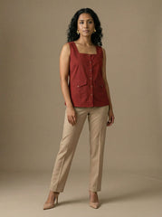 Earthy Red Square Neck Sleeveless Utility Pocket Top for Women | Formal Workwear