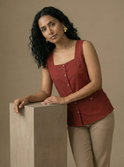 Earthy Red Square Neck Sleeveless Utility Pocket Top for Women | Formal Workwear