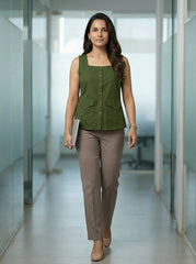 Green Square Neck Sleeveless Utility Pocket Top for Women | Formal Office Wear