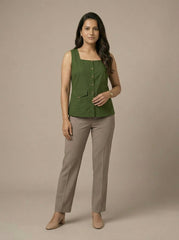 Green Square Neck Sleeveless Utility Pocket Top for Women | Formal Office Wear