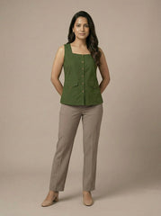 Green Square Neck Sleeveless Utility Pocket Top for Women | Formal Office Wear
