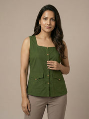 Green Square Neck Sleeveless Utility Pocket Top for Women | Formal Office Wear