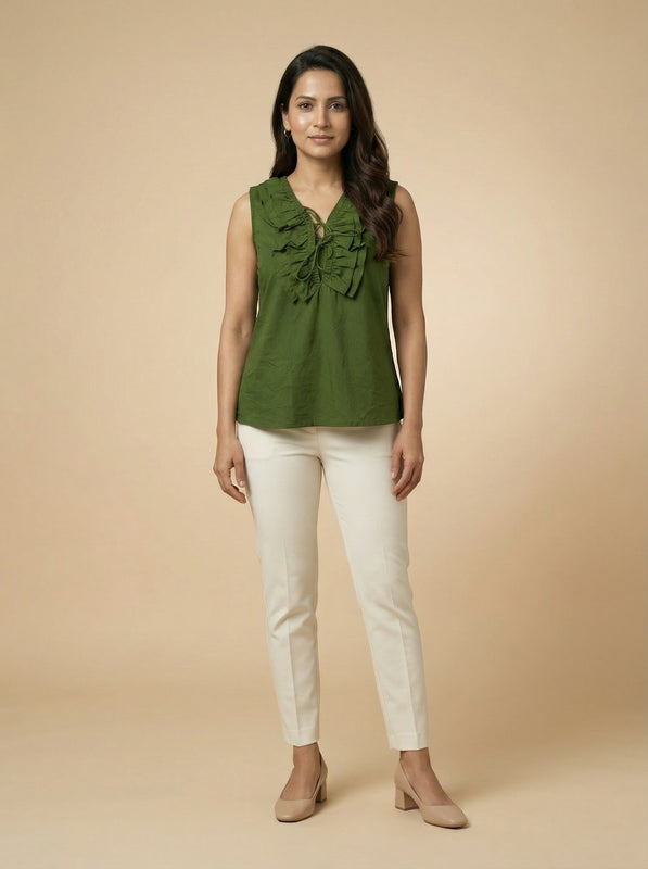 Green Sleeveless Ruffle V-Neck Top for Women | Formal Workwear