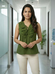 Green Sleeveless Ruffle V-Neck Top for Women | Formal Workwear