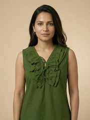 Green Sleeveless Ruffle V-Neck Top for Women | Formal Workwear